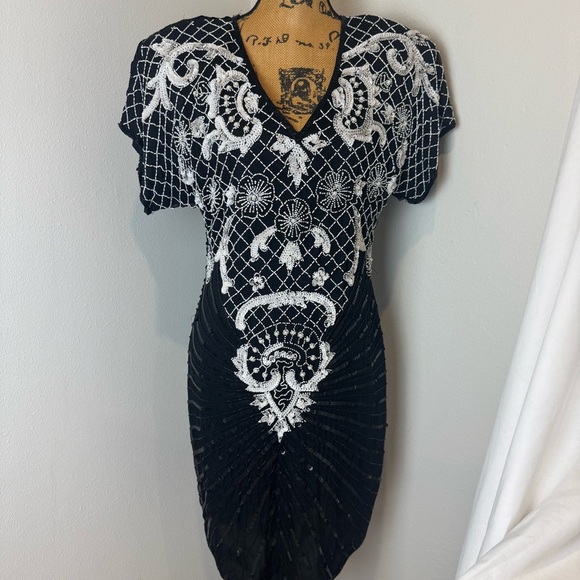 Vintage 100% SILK Denise Elle black white sequin dress floral - Picture 2 of 9